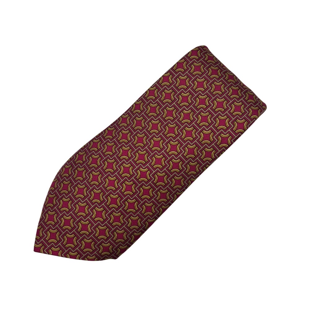 Hermes Silk Necktie Mens Berry Magenta Pink Gold Geometric Chain Link 7331 EA